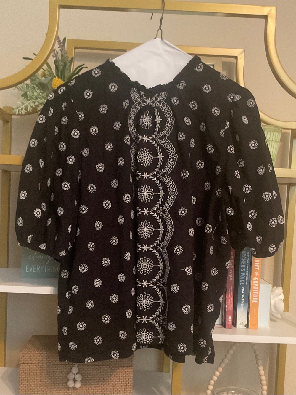 LOFT Black Tunic with White Embroidered Floral Panel